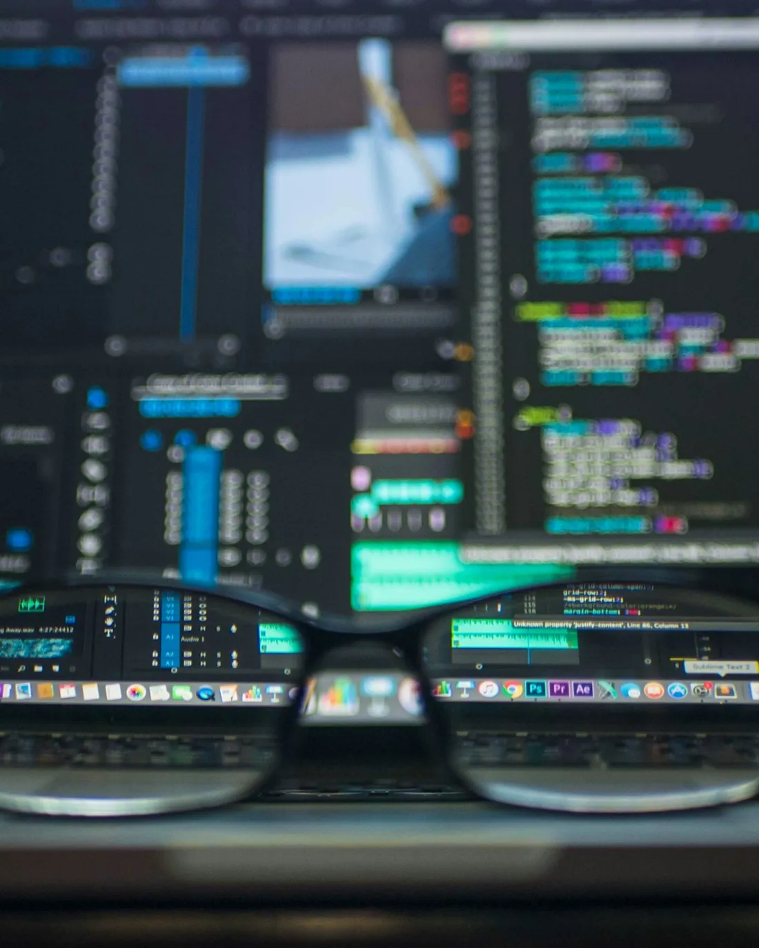Code and dashboards on monitors in a software workspace